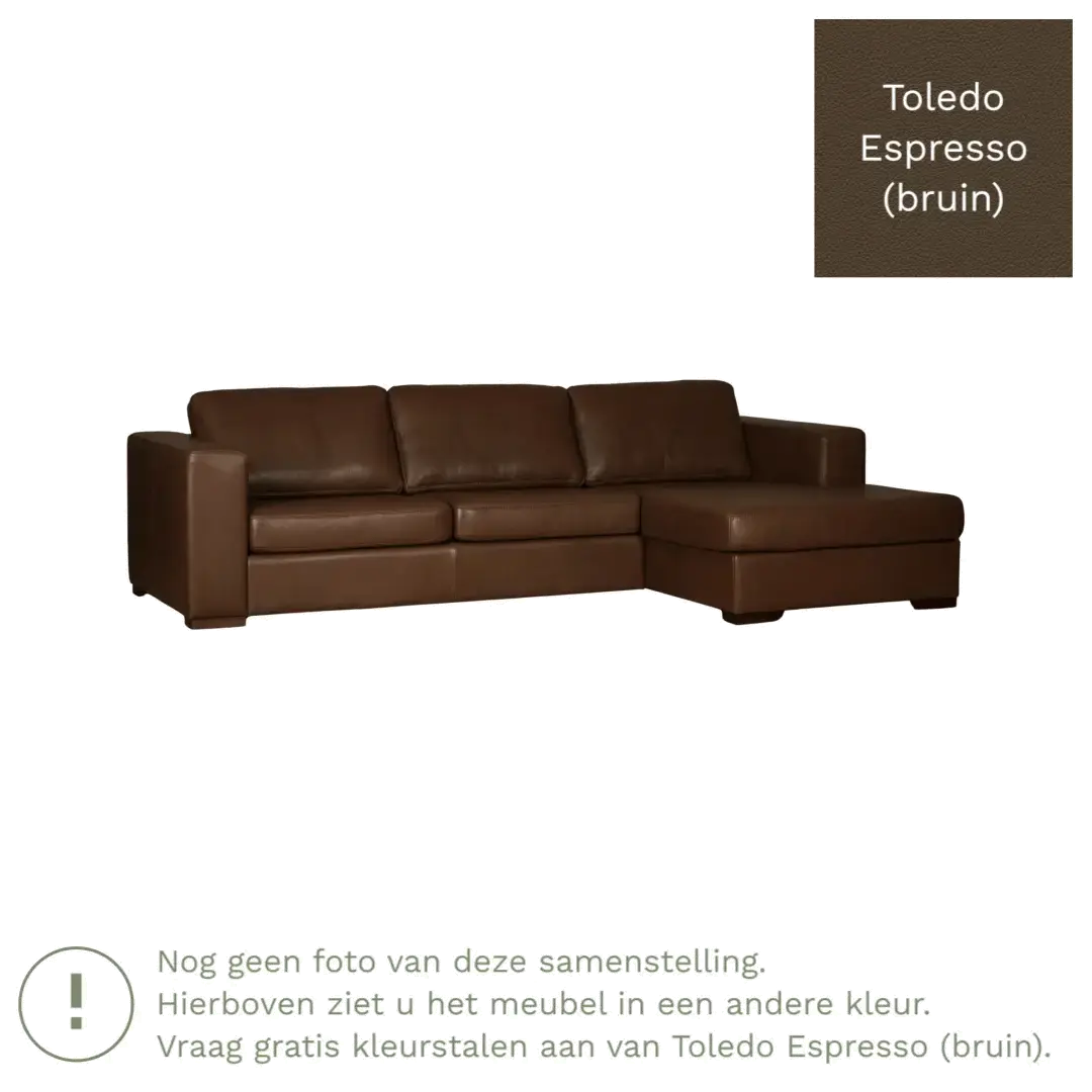afbeelding van Leren hoekbank Flow - 2 zits arm rechts + longchair links - Toledo Espresso (bruin) - Poten hout zwart