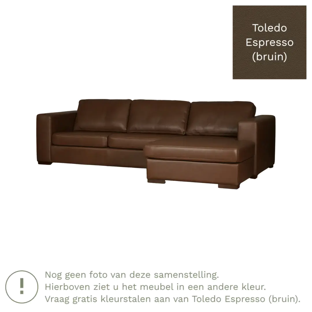 afbeelding van Leren hoekbank Flow - 2 zits arm rechts + longchair links - Toledo Espresso (bruin) - Poten hout zwart