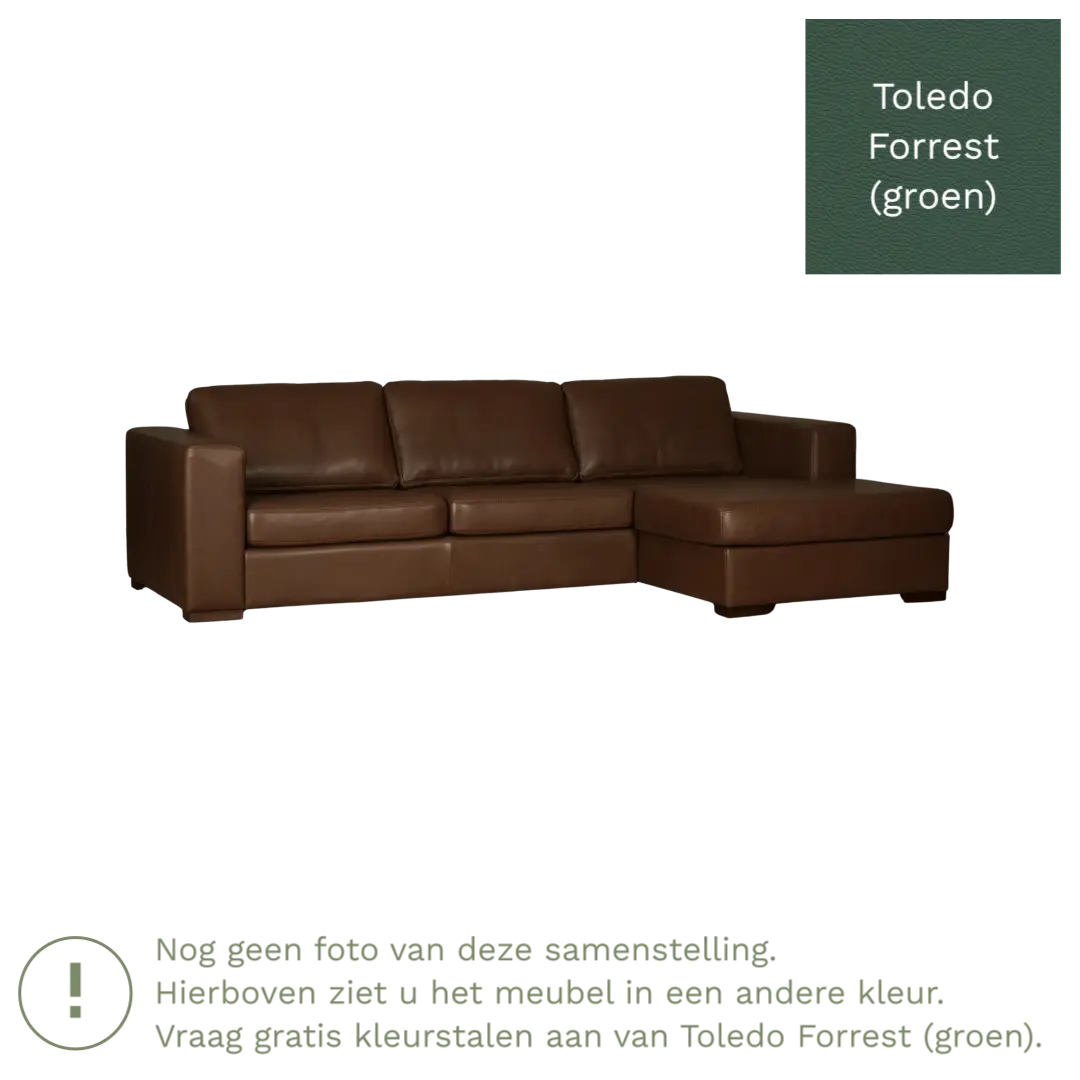 afbeelding van Leren hoekbank Flow - 2 zits arm rechts + longchair links - Toledo Forrest (groen) - Poten hout zwart