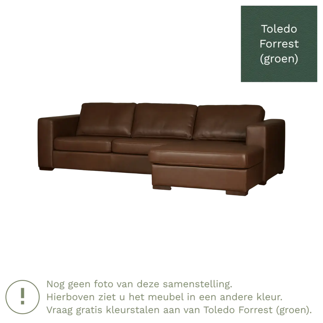 afbeelding van Leren hoekbank Flow - 2 zits arm rechts + longchair links - Toledo Forrest (groen) - Poten hout zwart