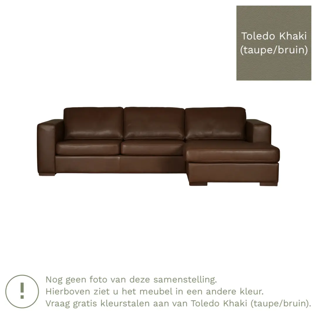 afbeelding van Leren hoekbank Flow - 2 zits arm rechts + longchair links - Toledo Khaki (taupe/bruin) - Poten hout zwart