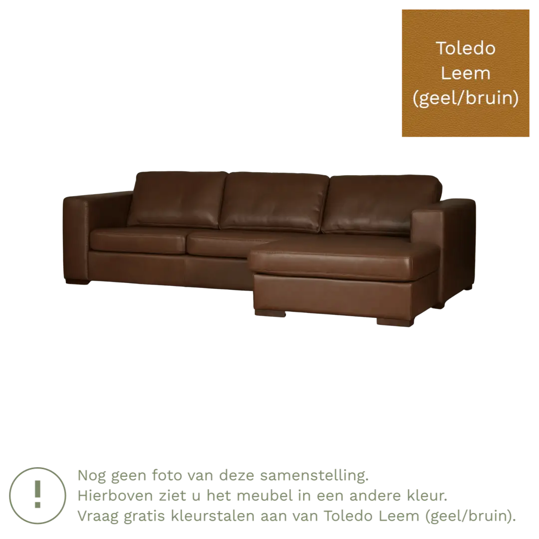 afbeelding van Leren hoekbank Flow - 2 zits arm rechts + longchair links - Toledo Leem (geel/bruin) - Poten hout zwart