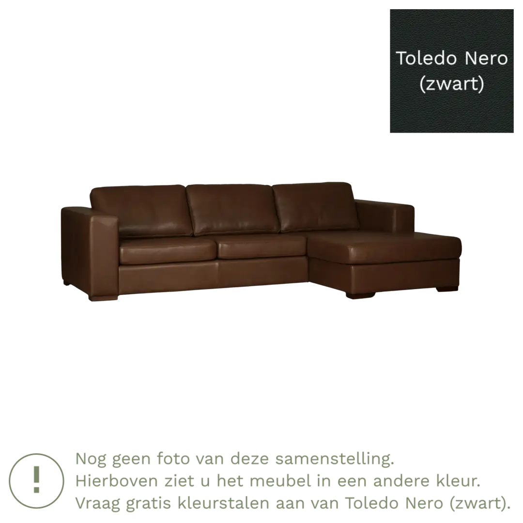 afbeelding van Leren hoekbank Flow - 2 zits arm rechts + longchair links - Toledo Nero (zwart) - Poten hout zwart