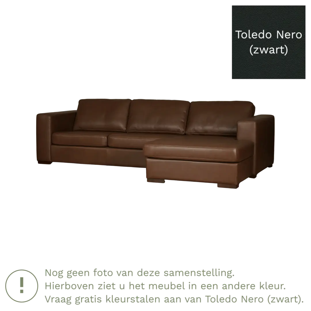 afbeelding van Leren hoekbank Flow - 2 zits arm rechts + longchair links - Toledo Nero (zwart) - Poten hout zwart