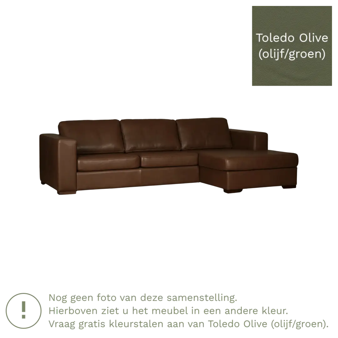 afbeelding van Leren hoekbank Flow - 2 zits arm rechts + longchair links - Toledo Olive (olijf/goen) - Poten hout bruin