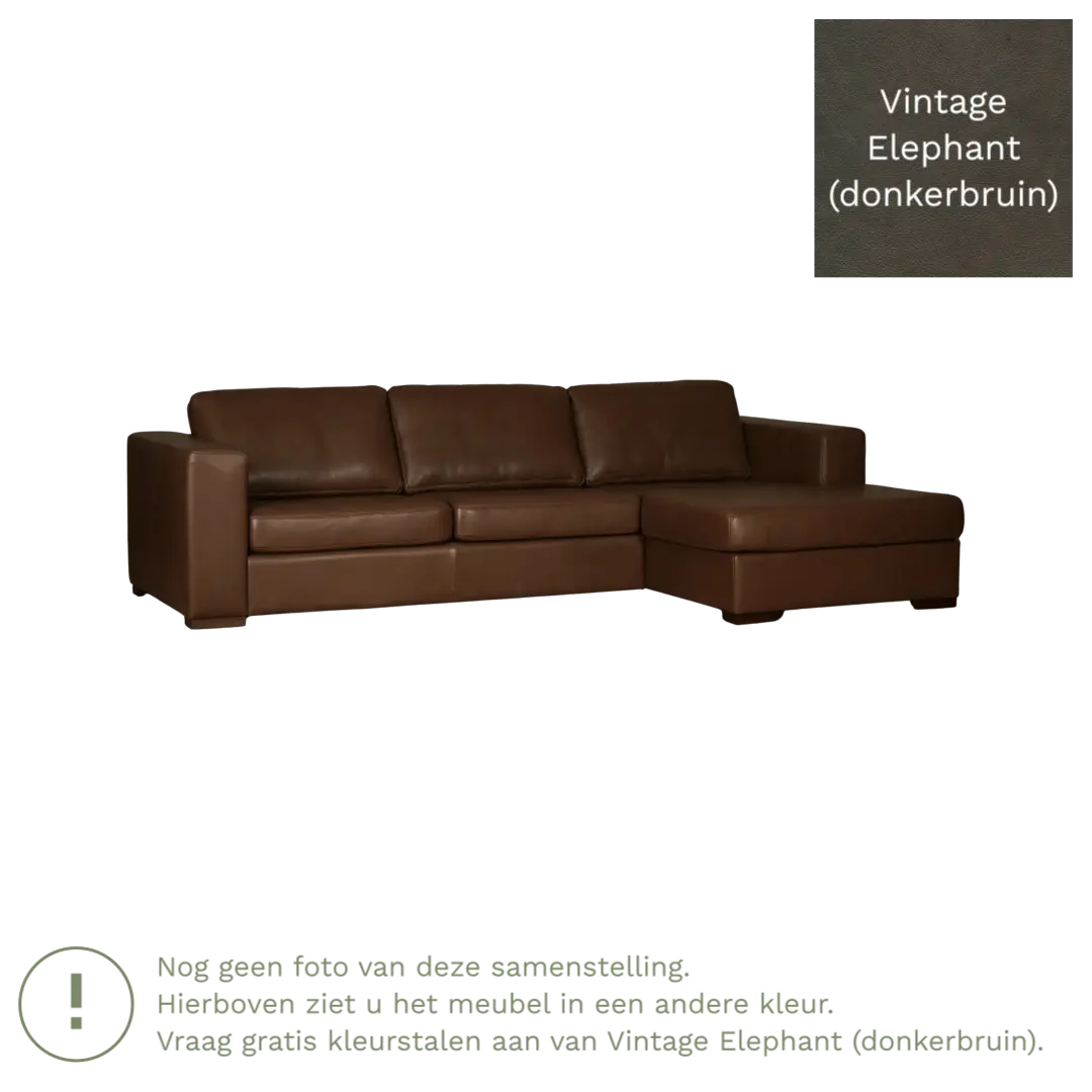 afbeelding van Leren hoekbank Flow - 2 zits arm rechts + longchair links - Vintage Elephant (donkerbruin) - Poten hout zwart
