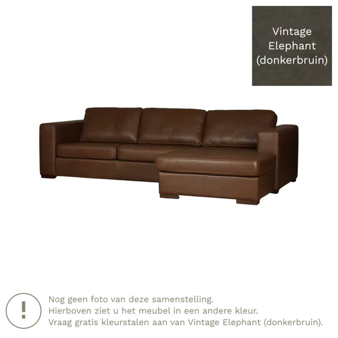 afbeelding van Leren hoekbank Flow - 2 zits arm rechts + longchair links - Vintage Elephant (donkerbruin) - Poten hout zwart