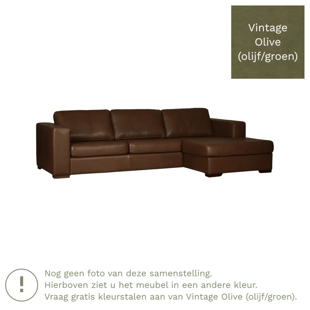 afbeelding van Leren hoekbank Flow - 2 zits arm rechts + longchair links - Vintage Olive (olijf/groen) - Poten hout bruin