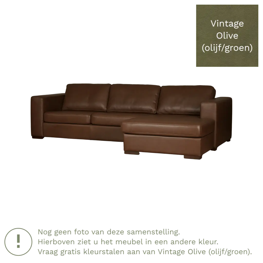afbeelding van Leren hoekbank Flow - 2 zits arm rechts + longchair links - Vintage Olive (olijf/groen) - Poten hout bruin