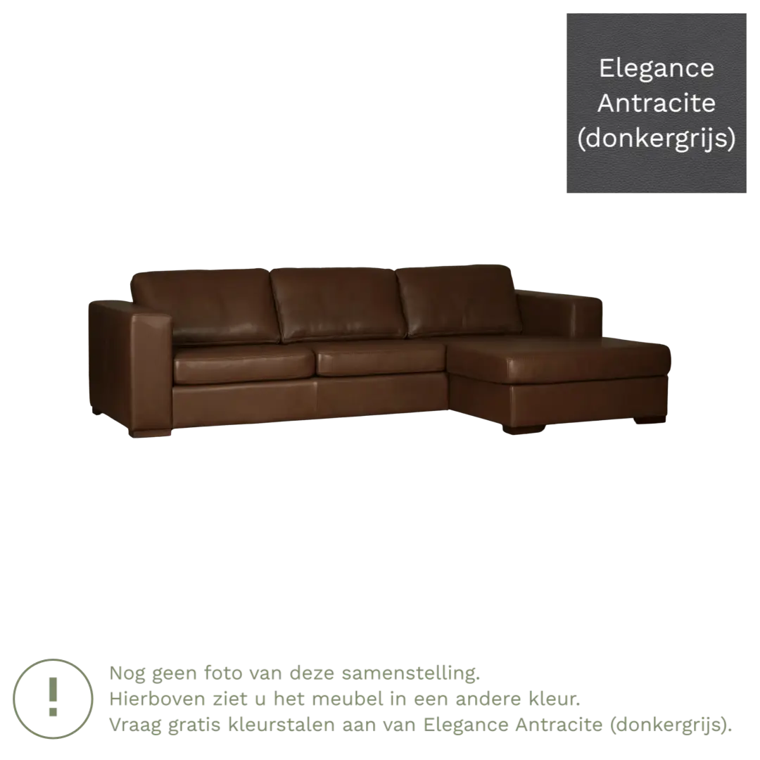 afbeelding van Leren hoekbank Flow - 3 zits arm links + longchair rechts - Elegance Antracite (donkergrijs) - Poten hout bruin