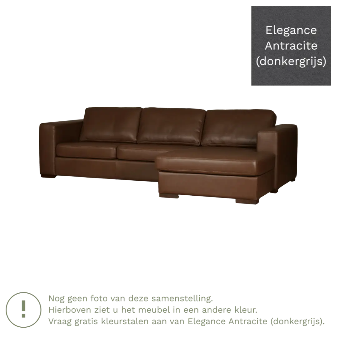 afbeelding van Leren hoekbank Flow - 3 zits arm links + longchair rechts - Elegance Antracite (donkergrijs) - Poten hout bruin