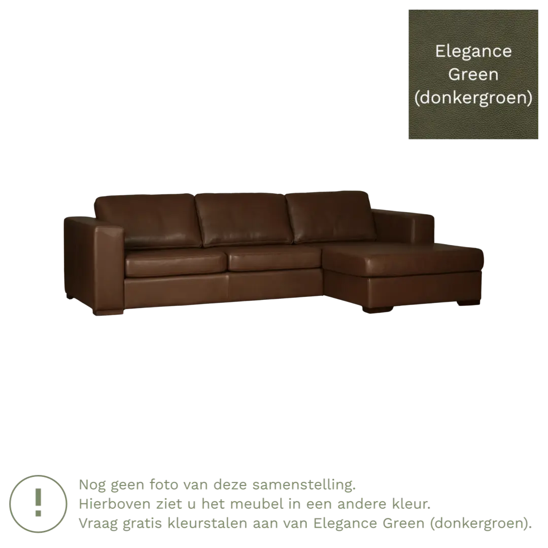 afbeelding van Leren hoekbank Flow - 3 zits arm links + longchair rechts - Elegance Green (donkergroen) - Poten hout bruin