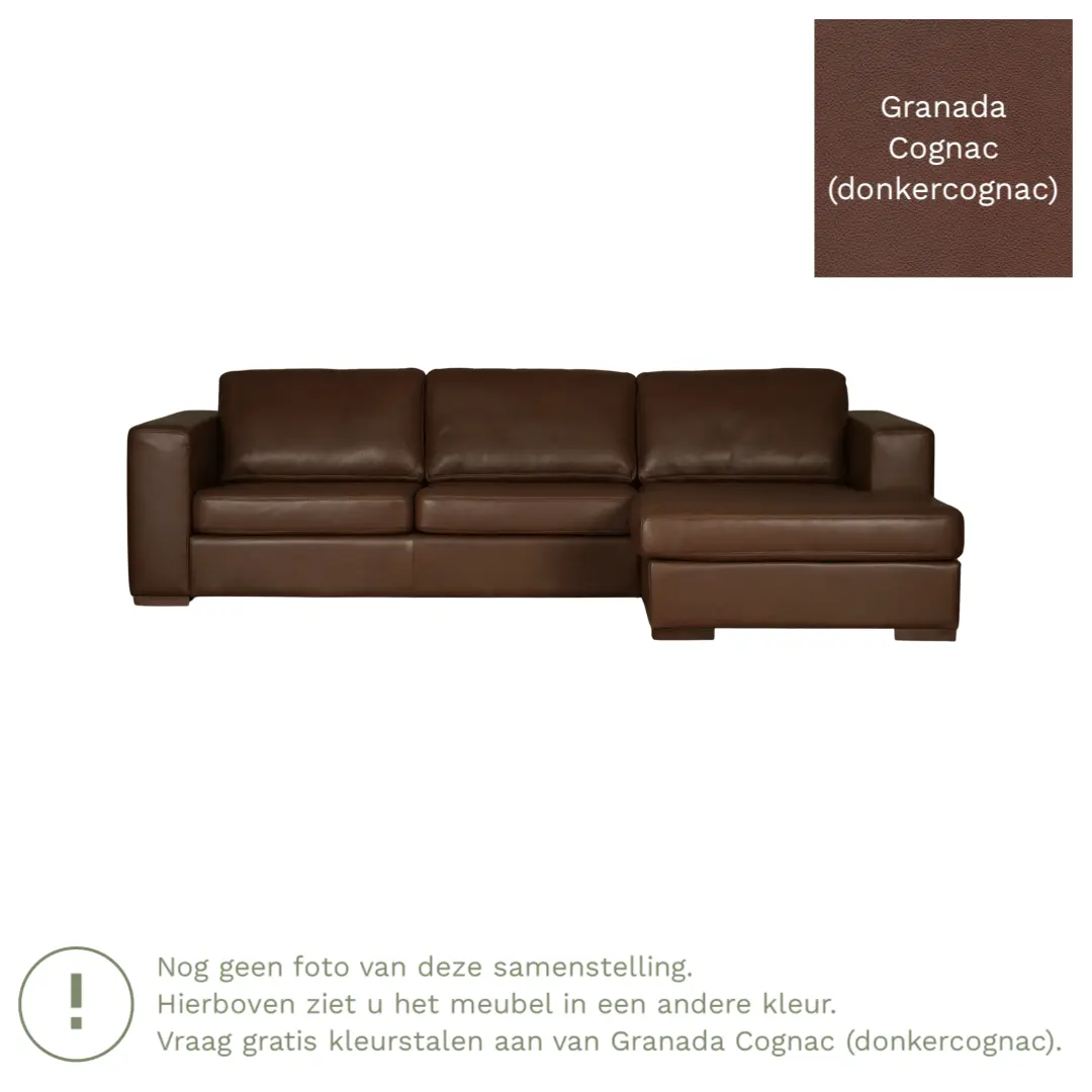 afbeelding van Leren hoekbank Flow - 3 zits arm links + longchair rechts - Granada Cognac (donkercognac) - Poten hout zwart