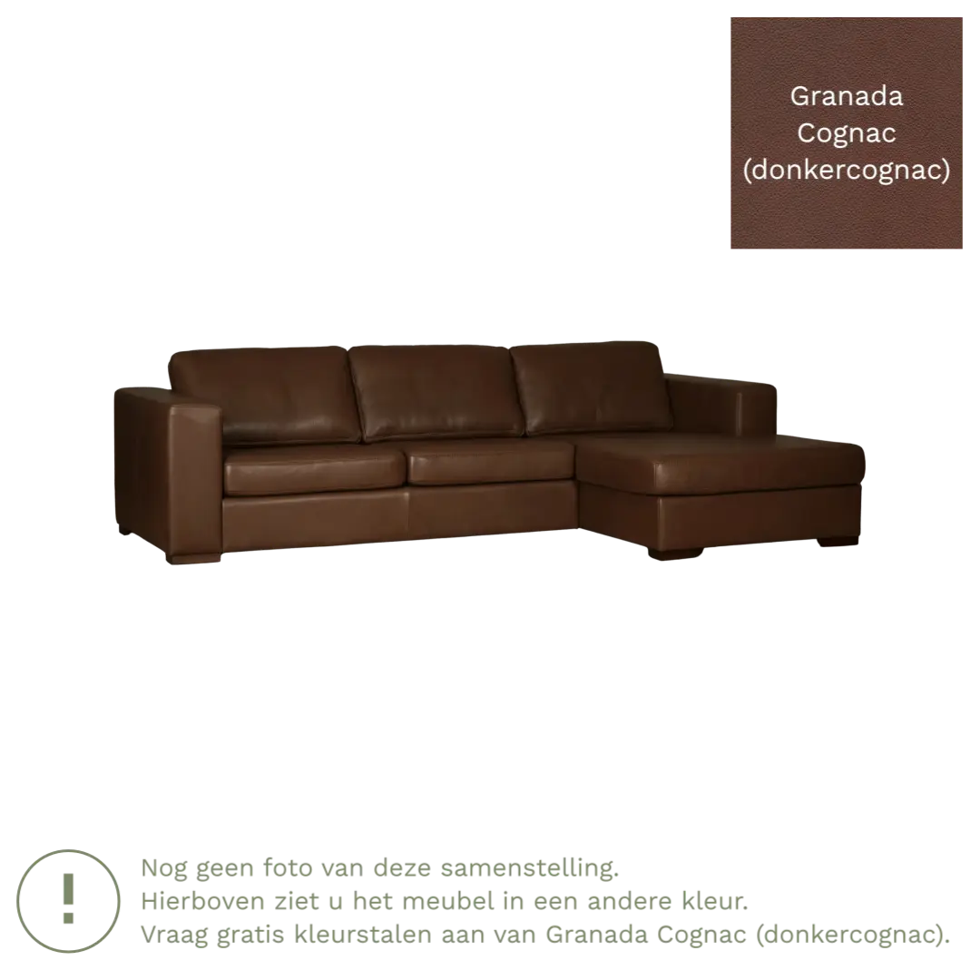 afbeelding van Leren hoekbank Flow - 3 zits arm links + longchair rechts - Granada Cognac (donkercognac) - Poten hout zwart