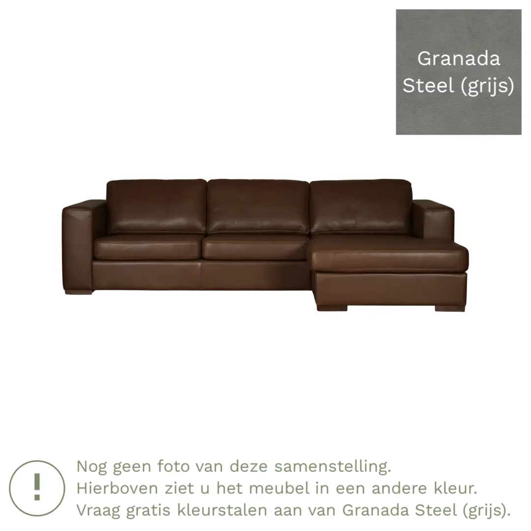 afbeelding van Leren hoekbank Flow - 3 zits arm links + longchair rechts - Granada Steel (grijs) - Poten hout bruin