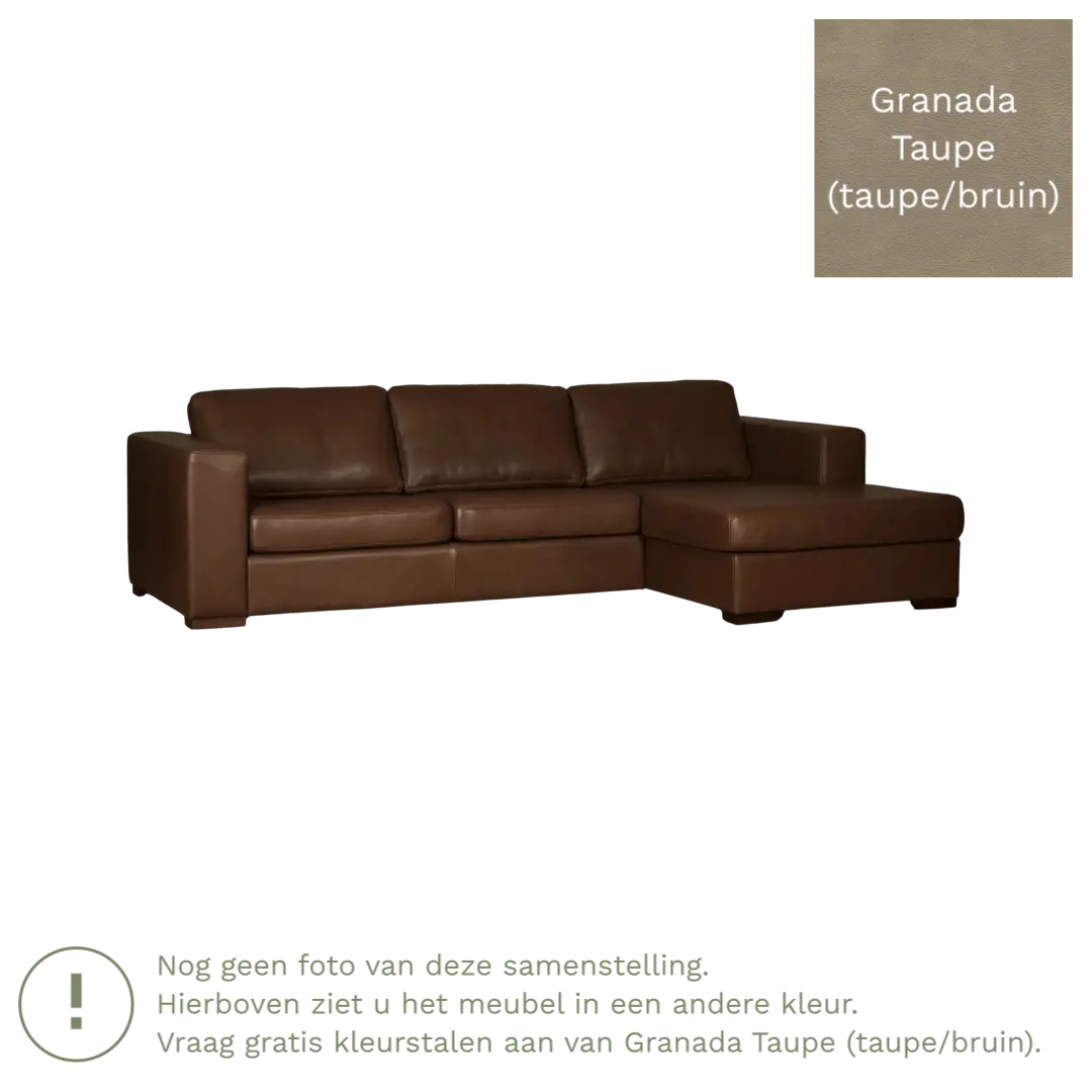 afbeelding van Leren hoekbank Flow - 3 zits arm links + longchair rechts - Granada Taupe (taupe/bruin) - Poten hout zwart
