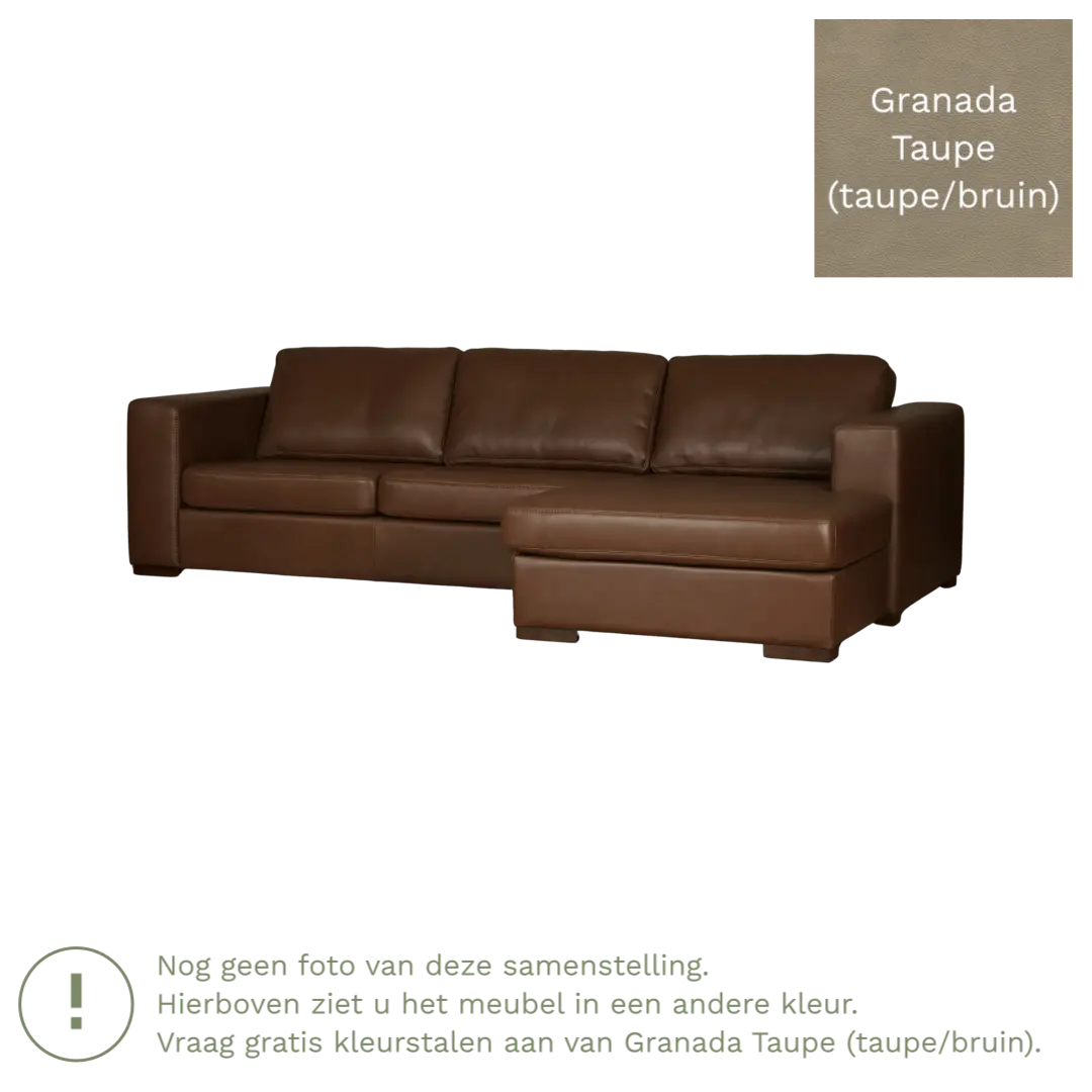 afbeelding van Leren hoekbank Flow - 3 zits arm links + longchair rechts - Granada Taupe (taupe/bruin) - Poten hout zwart