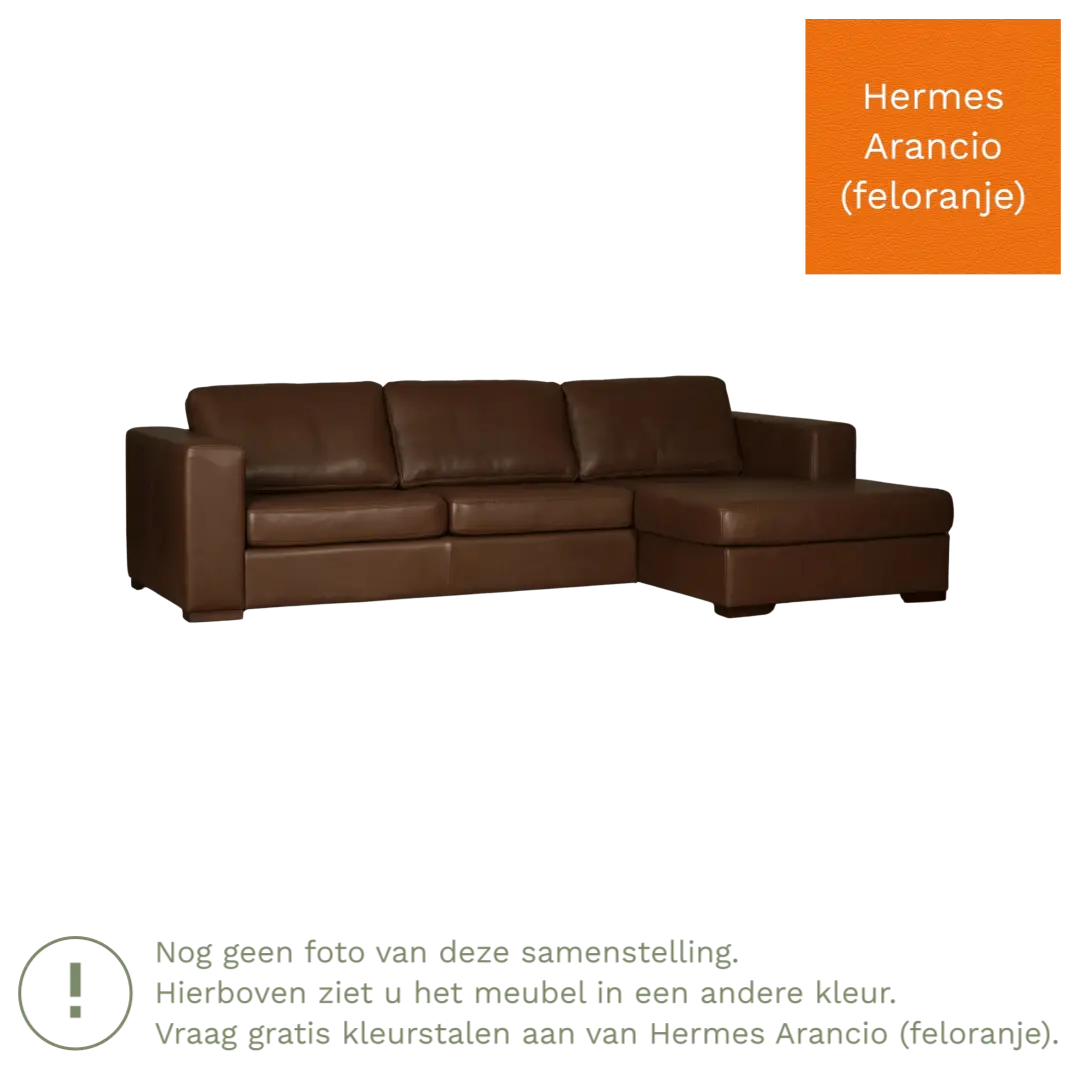 afbeelding van Leren hoekbank Flow - 3 zits arm links + longchair rechts - Hermes Arancio (feloranje) - Poten hout bruin