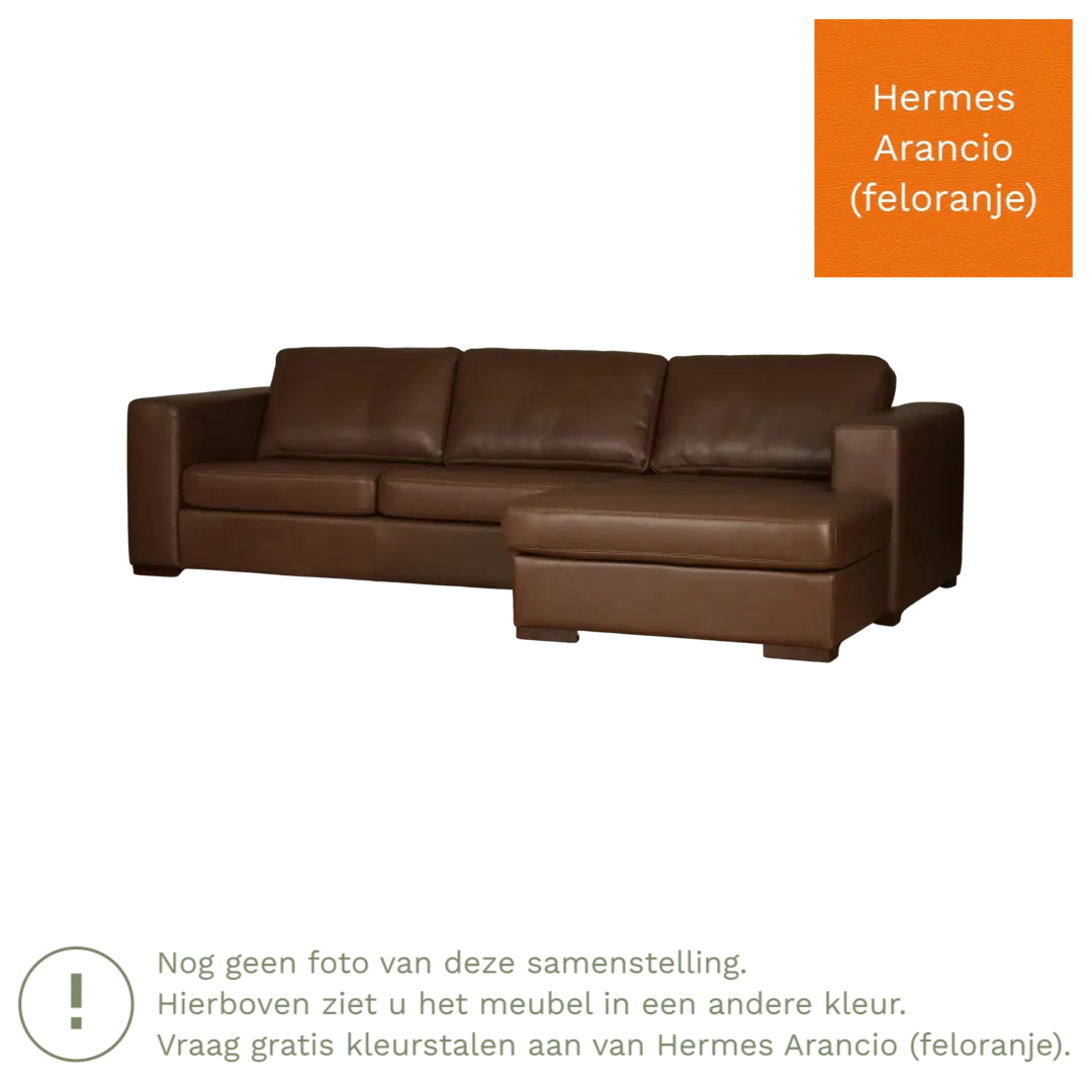 afbeelding van Leren hoekbank Flow - 3 zits arm links + longchair rechts - Hermes Arancio (feloranje) - Poten hout bruin