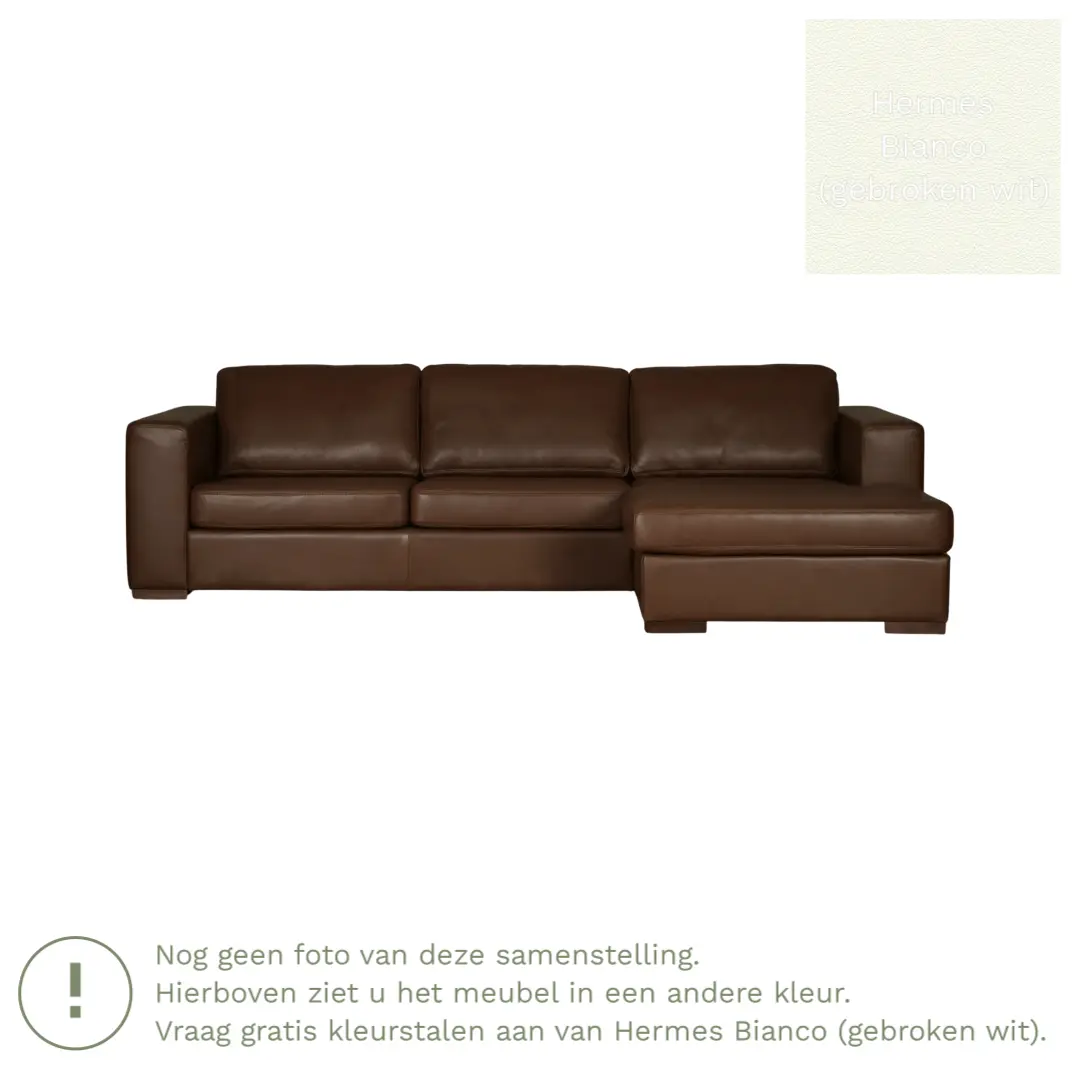 afbeelding van Leren hoekbank Flow - 3 zits arm links + longchair rechts - Hermes Bianco (gebroken wit) - Poten hout bruin