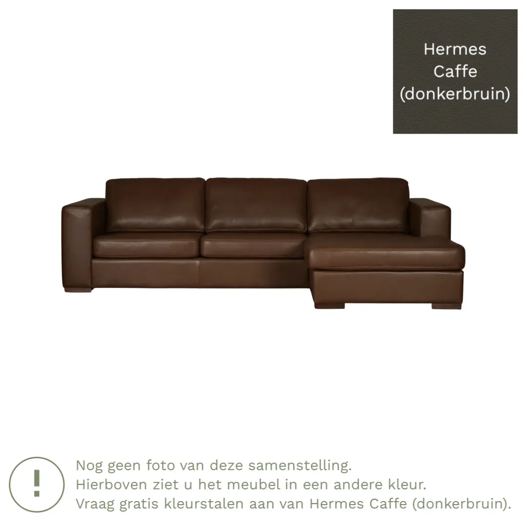 afbeelding van Leren hoekbank Flow - 3 zits arm links + longchair rechts - Hermes Caffe (donkerbruin) - Poten hout bruin