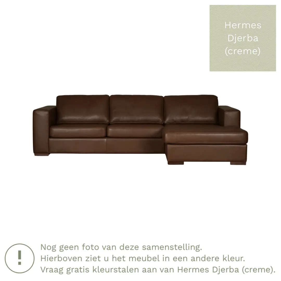 afbeelding van Leren hoekbank Flow - 3 zits arm links + longchair rechts - Hermes Djerba (crème) - Poten hout zwart