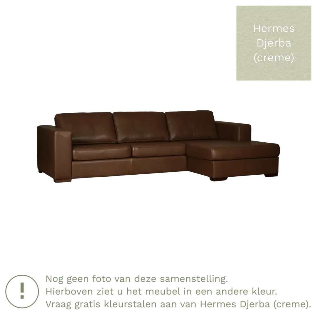 afbeelding van Leren hoekbank Flow - 3 zits arm links + longchair rechts - Hermes Djerba (crème) - Poten hout zwart