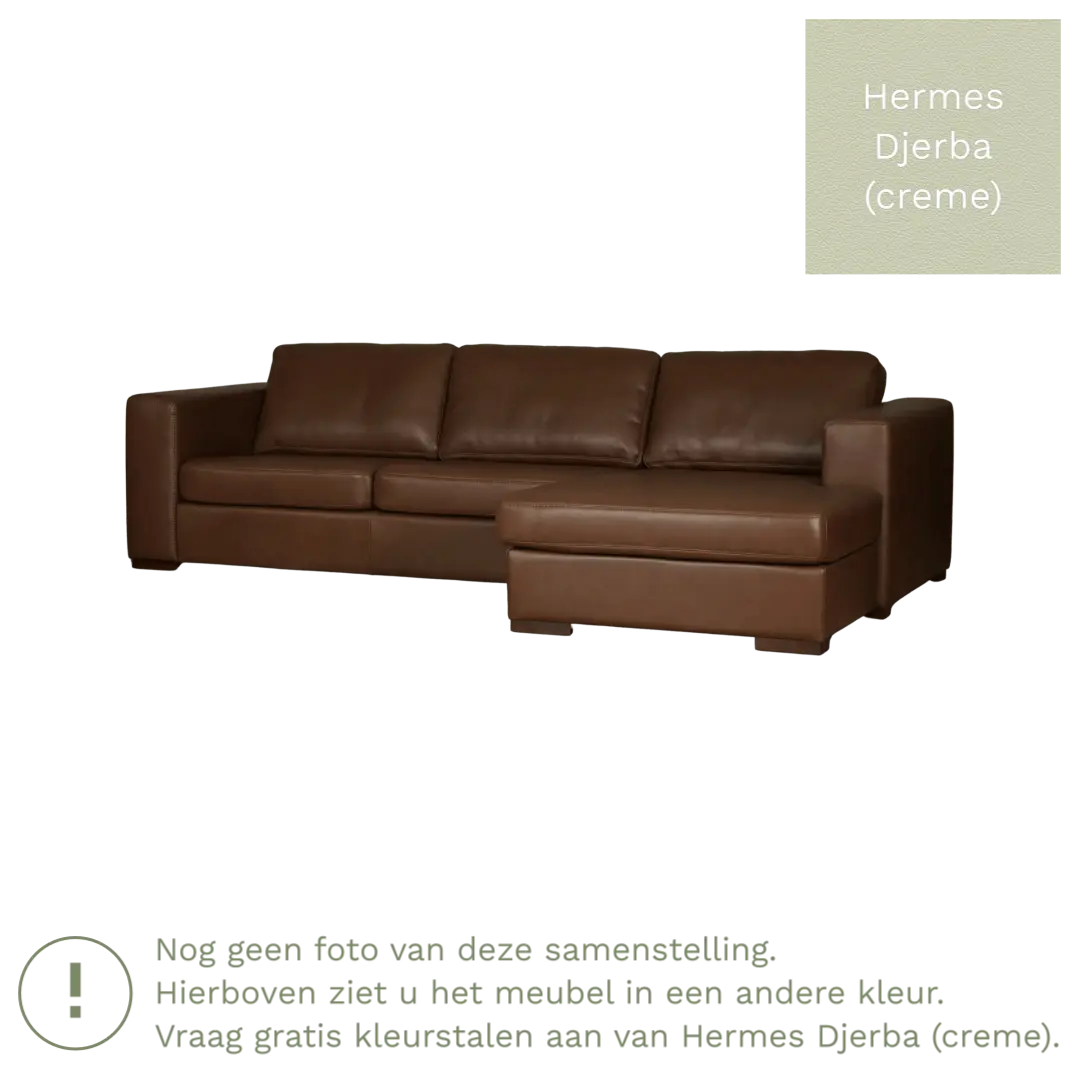 afbeelding van Leren hoekbank Flow - 3 zits arm links + longchair rechts - Hermes Djerba (crème) - Poten hout zwart