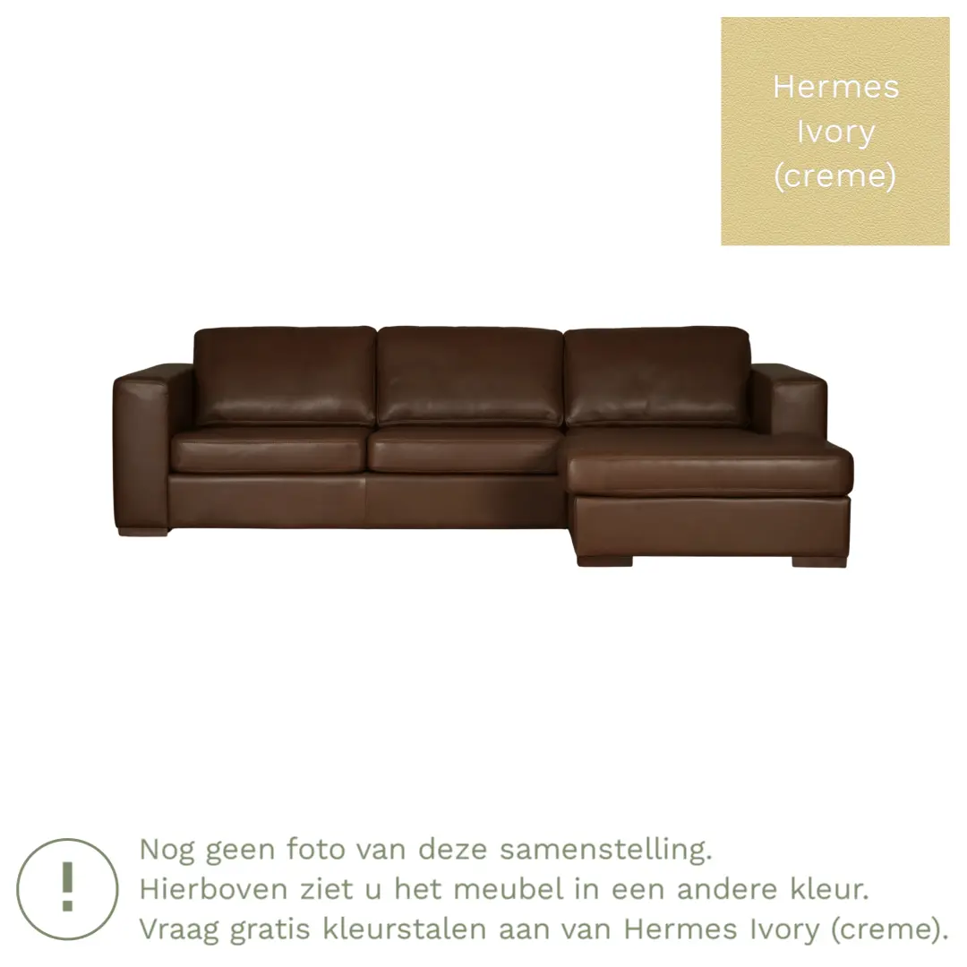 afbeelding van Leren hoekbank Flow - 3 zits arm links + longchair rechts - Hermes Ivory (crème) - Poten hout bruin