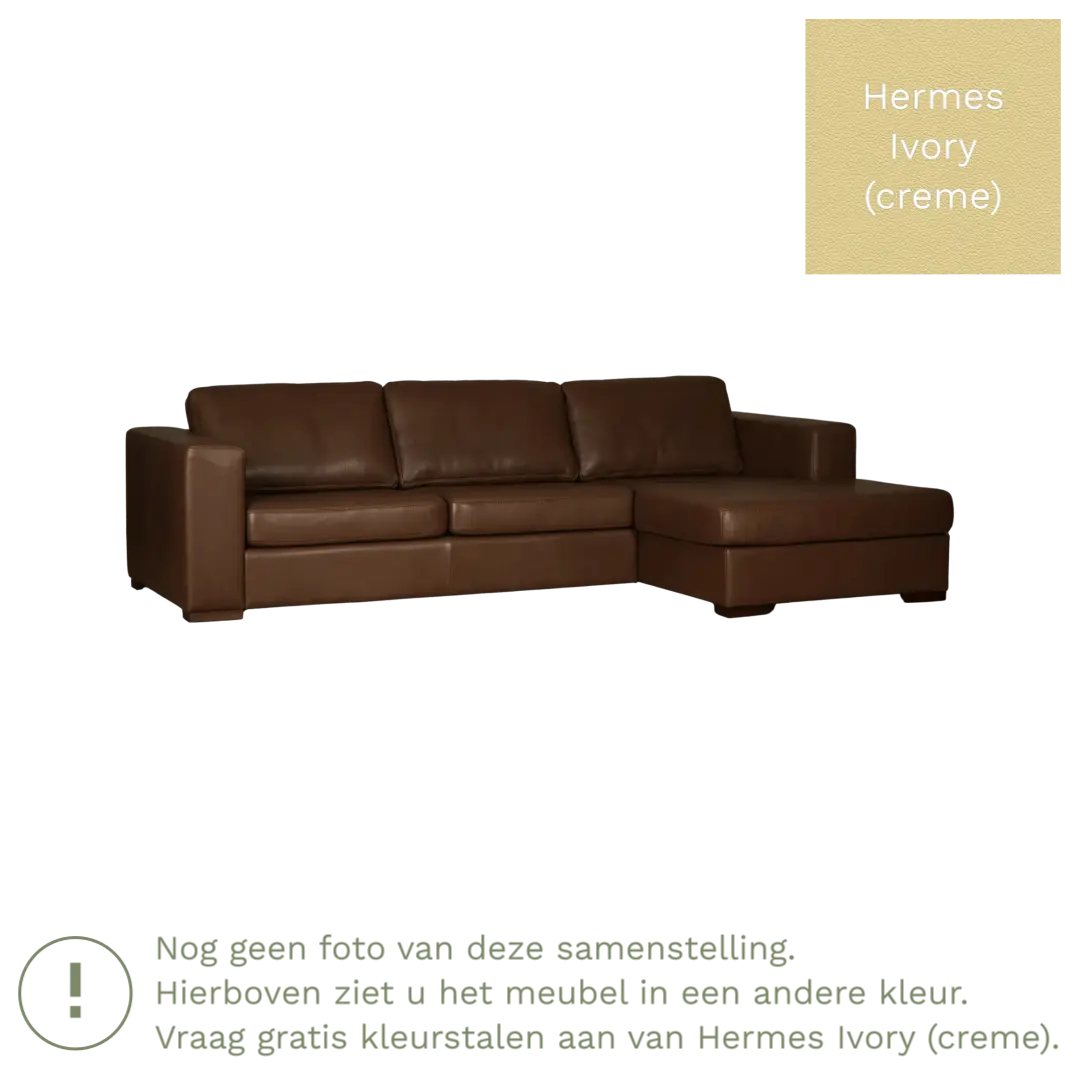 afbeelding van Leren hoekbank Flow - 3 zits arm links + longchair rechts - Hermes Ivory (crème) - Poten hout bruin