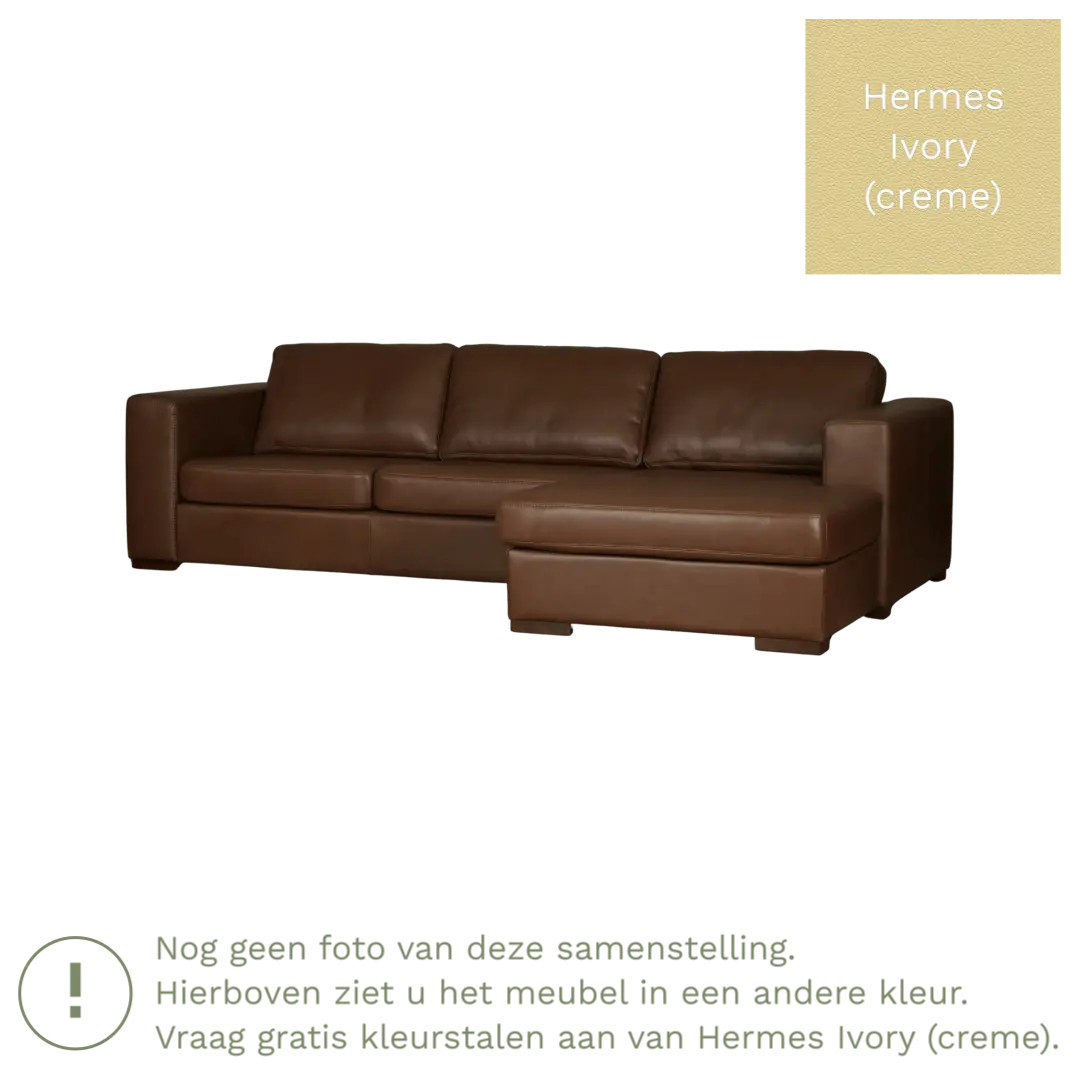 afbeelding van Leren hoekbank Flow - 3 zits arm links + longchair rechts - Hermes Ivory (crème) - Poten hout bruin
