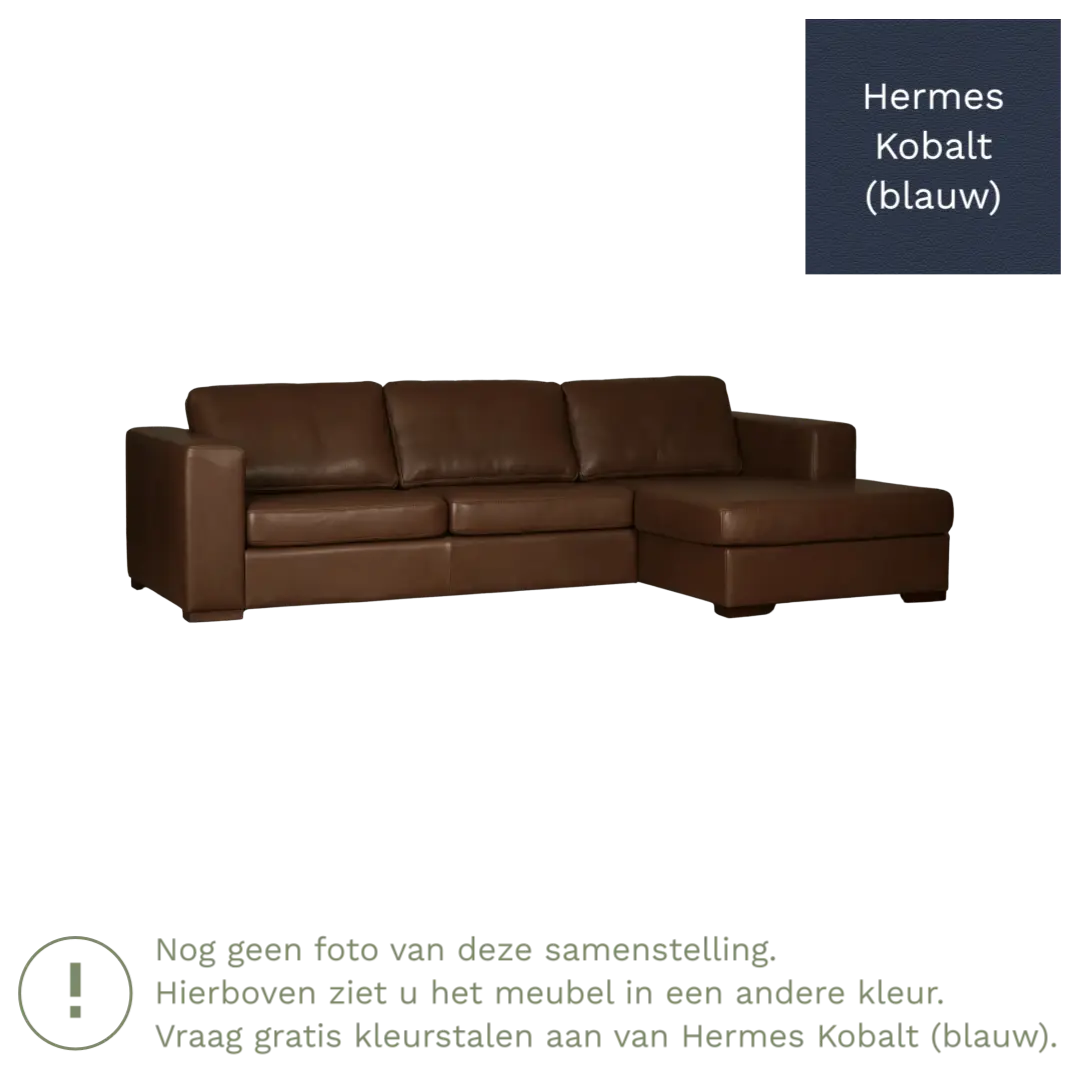 afbeelding van Leren hoekbank Flow - 3 zits arm links + longchair rechts - Hermes Kobalt (blauw) - Poten hout zwart
