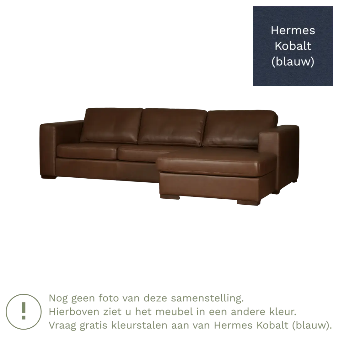 afbeelding van Leren hoekbank Flow - 3 zits arm links + longchair rechts - Hermes Kobalt (blauw) - Poten hout zwart