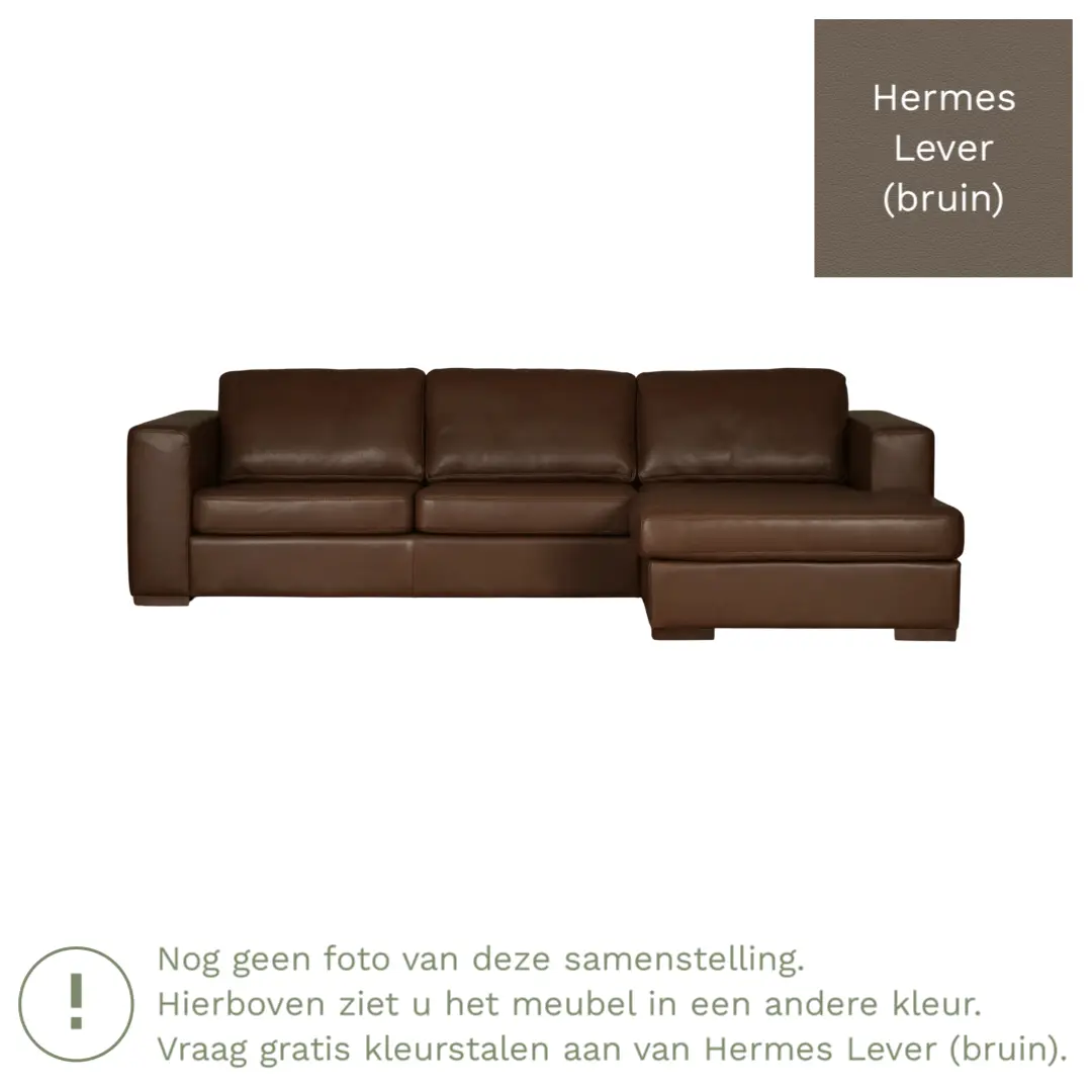 afbeelding van Leren hoekbank Flow - 3 zits arm links + longchair rechts - Hermes Lever (bruin) - Poten hout zwart
