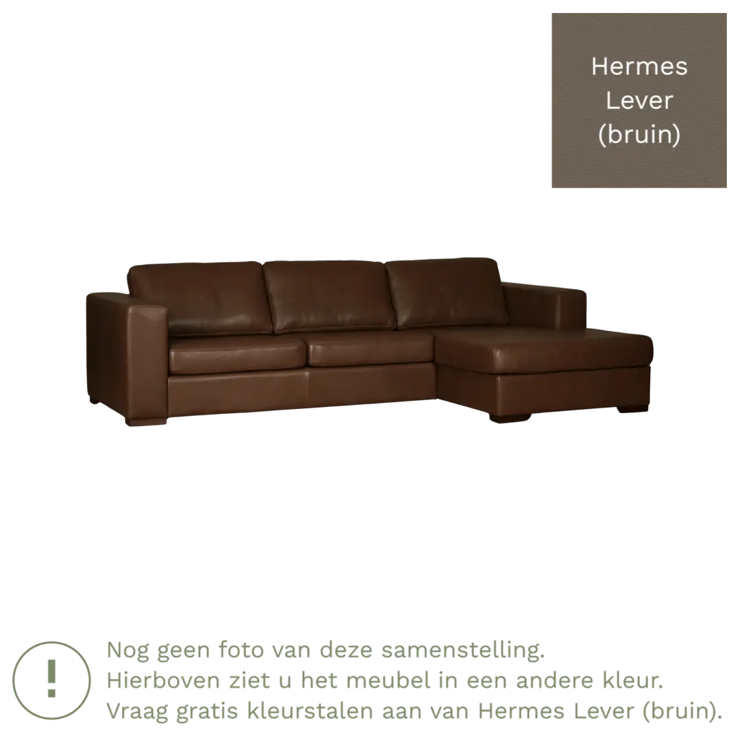 afbeelding van Leren hoekbank Flow - 3 zits arm links + longchair rechts - Hermes Lever (bruin) - Poten hout zwart