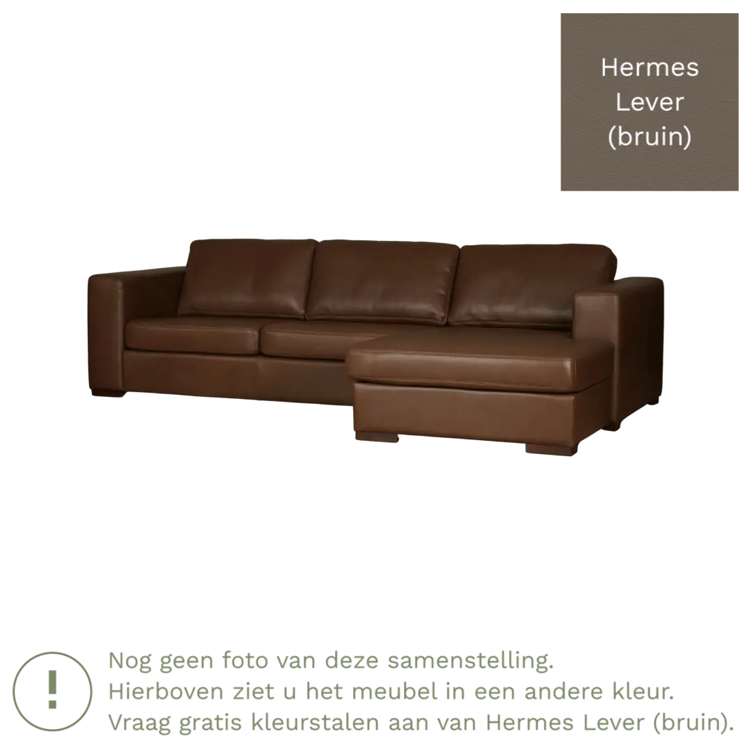 afbeelding van Leren hoekbank Flow - 3 zits arm links + longchair rechts - Hermes Lever (bruin) - Poten hout zwart