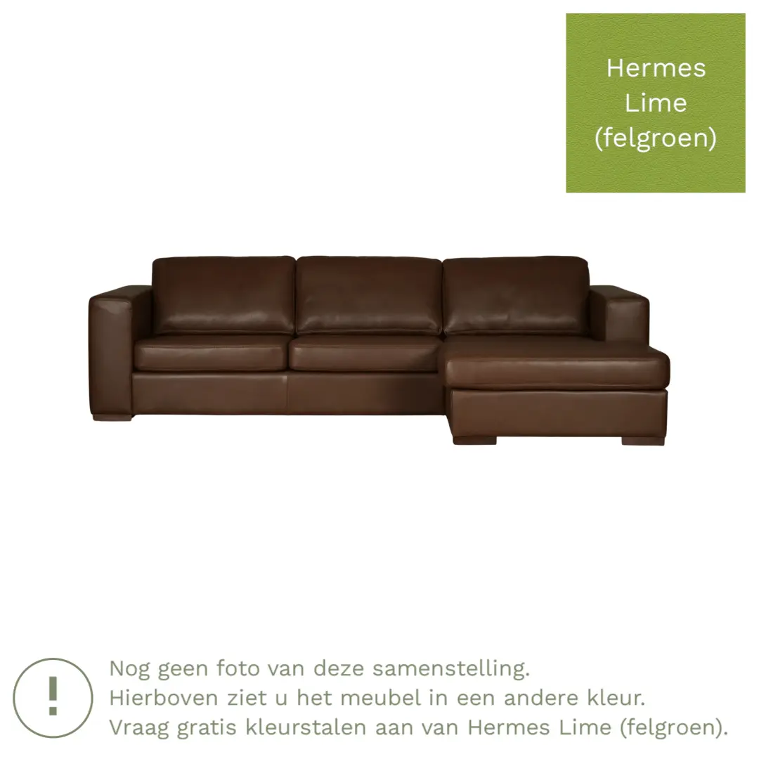 afbeelding van Leren hoekbank Flow - 3 zits arm links + longchair rechts - Hermes Lime (felgroen) - Poten hout zwart