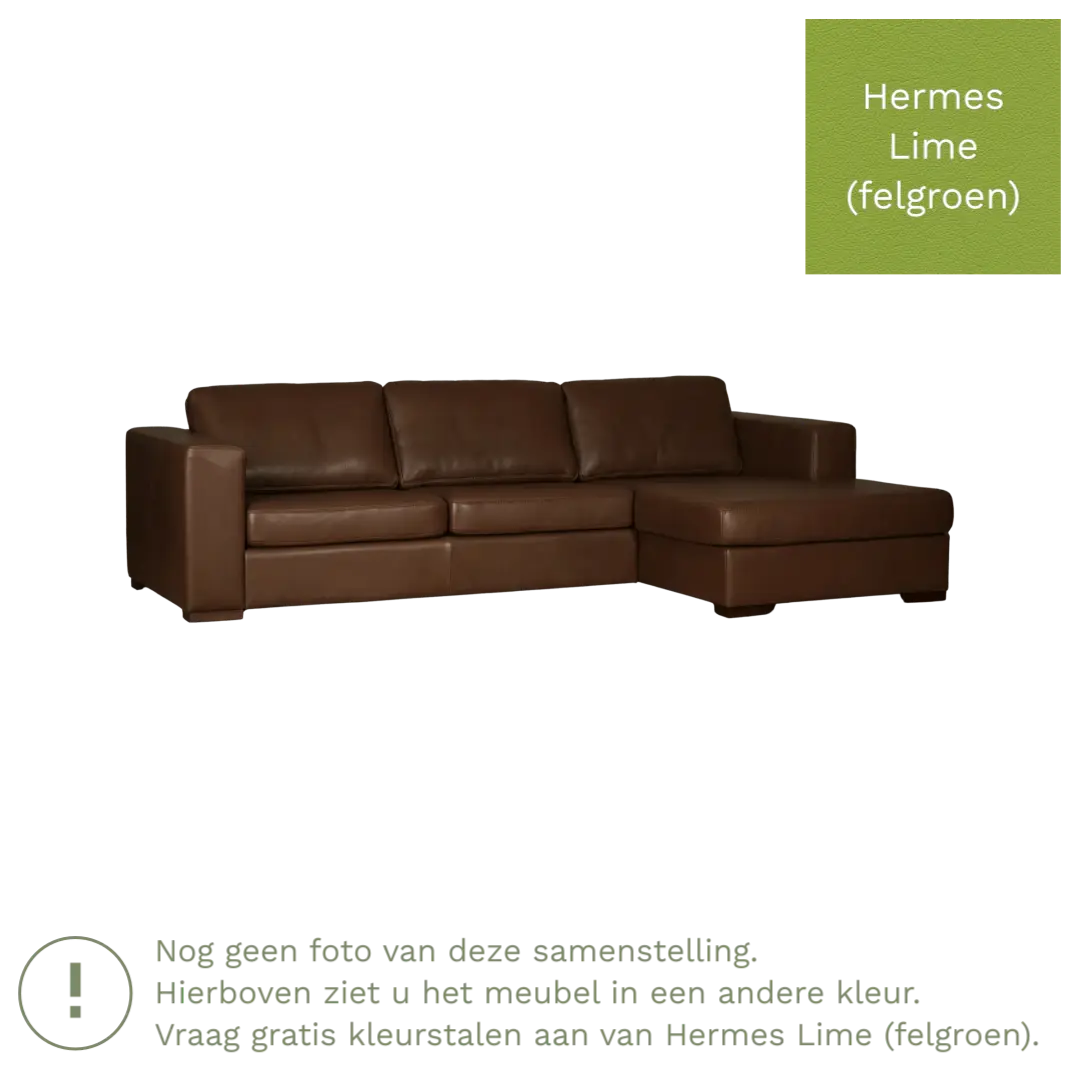afbeelding van Leren hoekbank Flow - 3 zits arm links + longchair rechts - Hermes Lime (felgroen) - Poten hout zwart