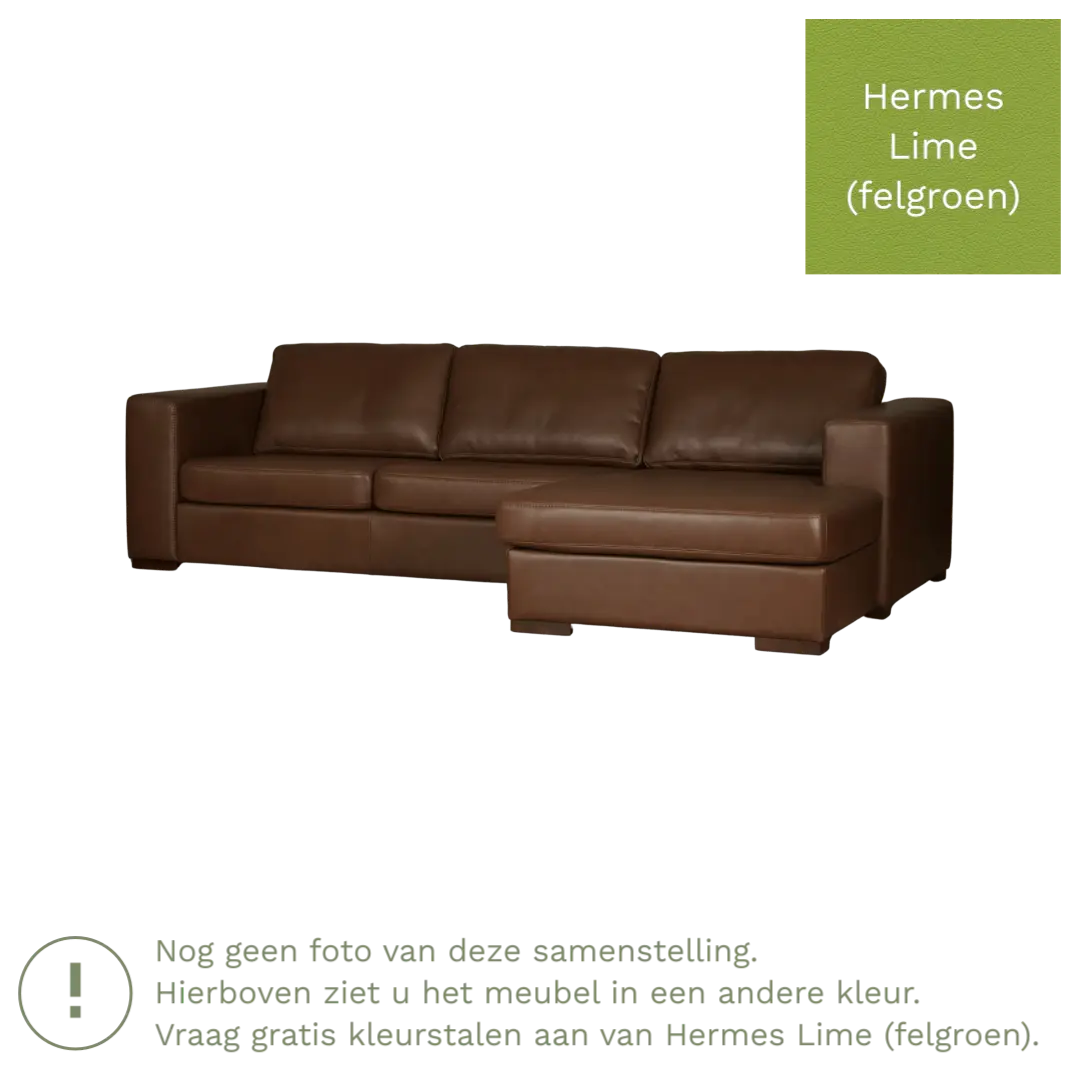 afbeelding van Leren hoekbank Flow - 3 zits arm links + longchair rechts - Hermes Lime (felgroen) - Poten hout zwart