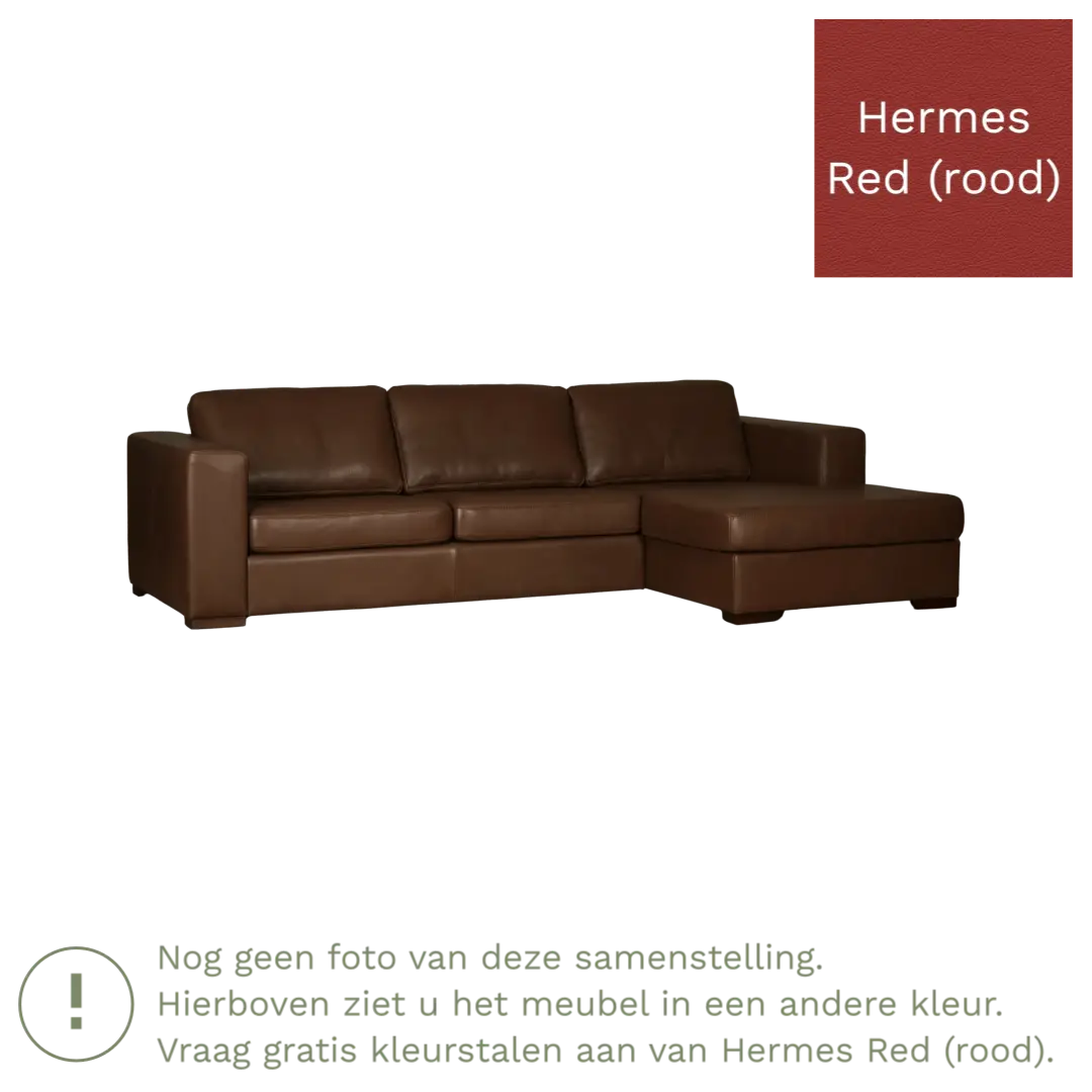 afbeelding van Leren hoekbank Flow - 3 zits arm links + longchair rechts - Hermes Red (rood) - Poten hout zwart
