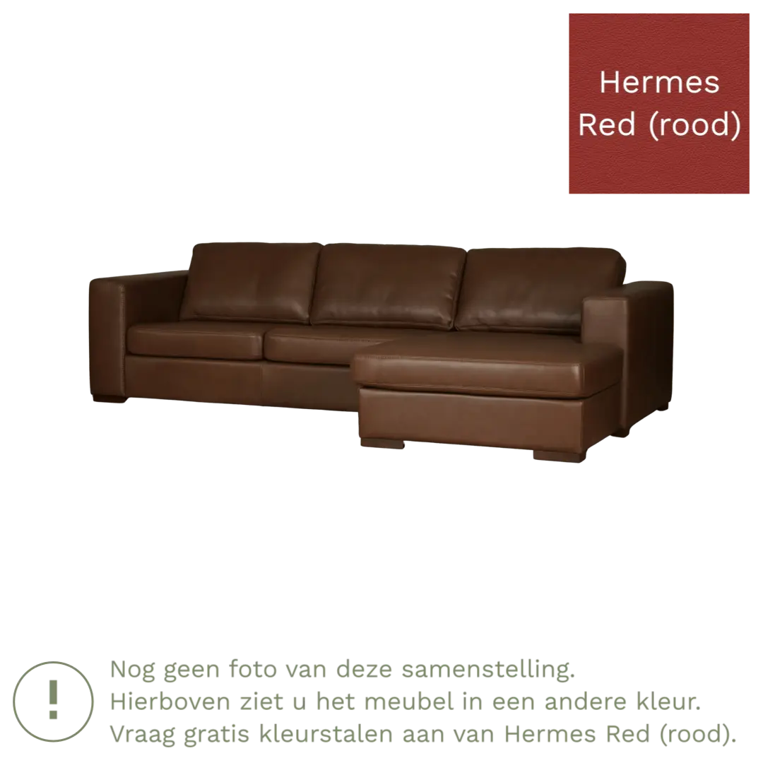 afbeelding van Leren hoekbank Flow - 3 zits arm links + longchair rechts - Hermes Red (rood) - Poten hout zwart