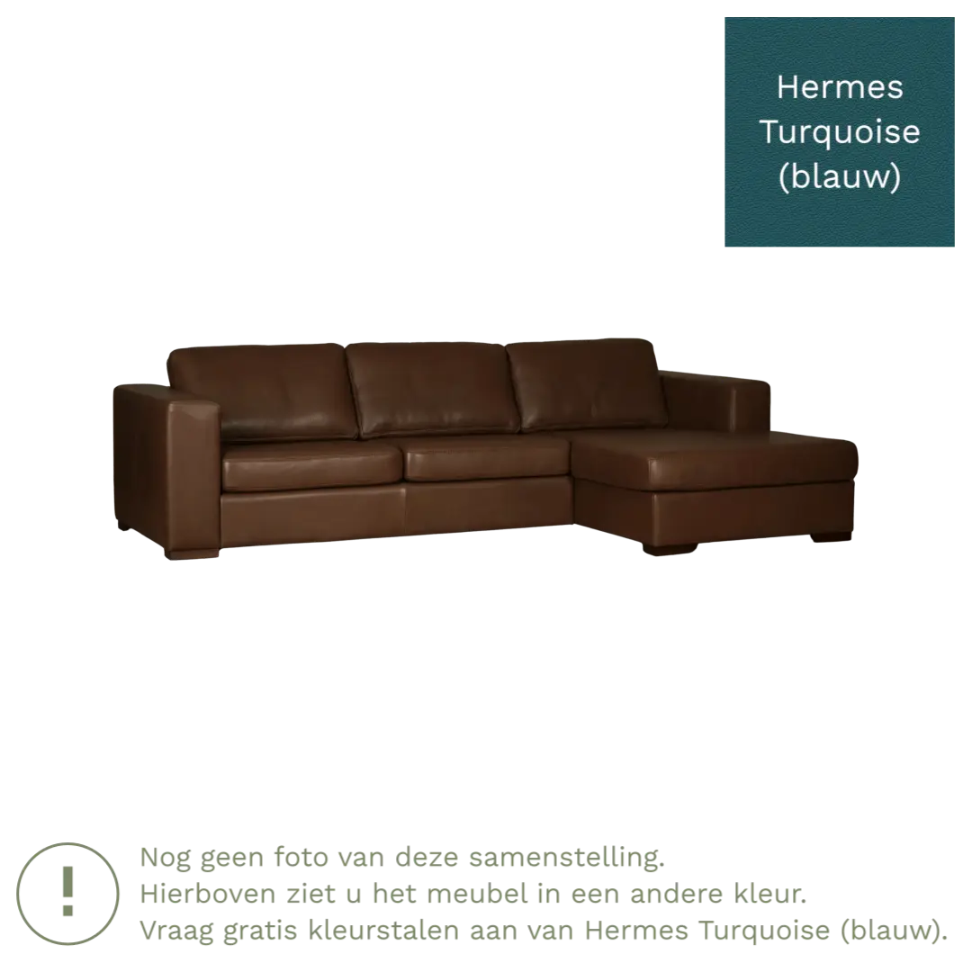 afbeelding van Leren hoekbank Flow - 3 zits arm links + longchair rechts - Hermes Turquoise (blauw) - Poten hout bruin