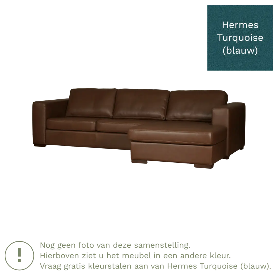 afbeelding van Leren hoekbank Flow - 3 zits arm links + longchair rechts - Hermes Turquoise (blauw) - Poten hout bruin