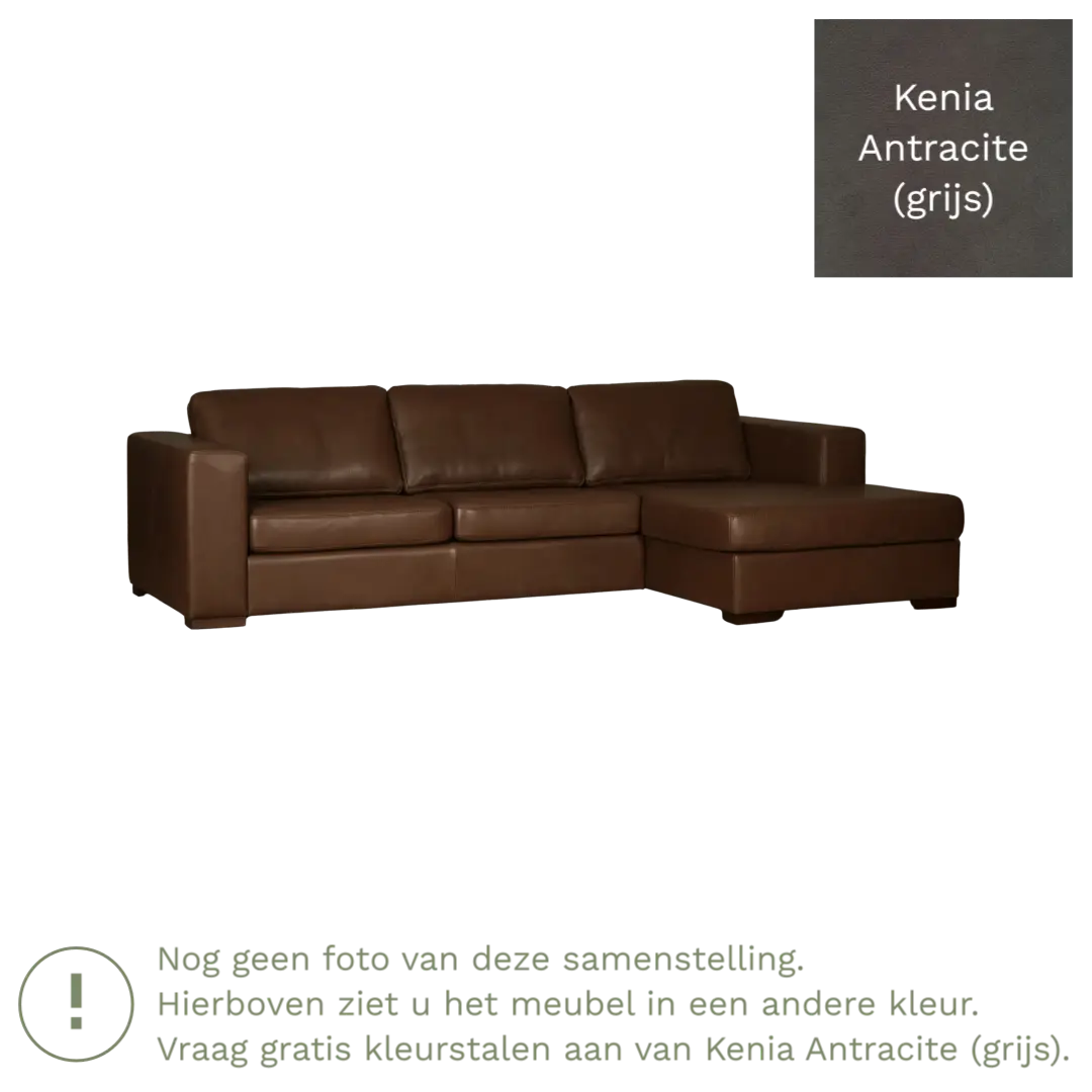 afbeelding van Leren hoekbank Flow - 3 zits arm links + longchair rechts - Kenia Antracite (grijs) - Poten hout zwart