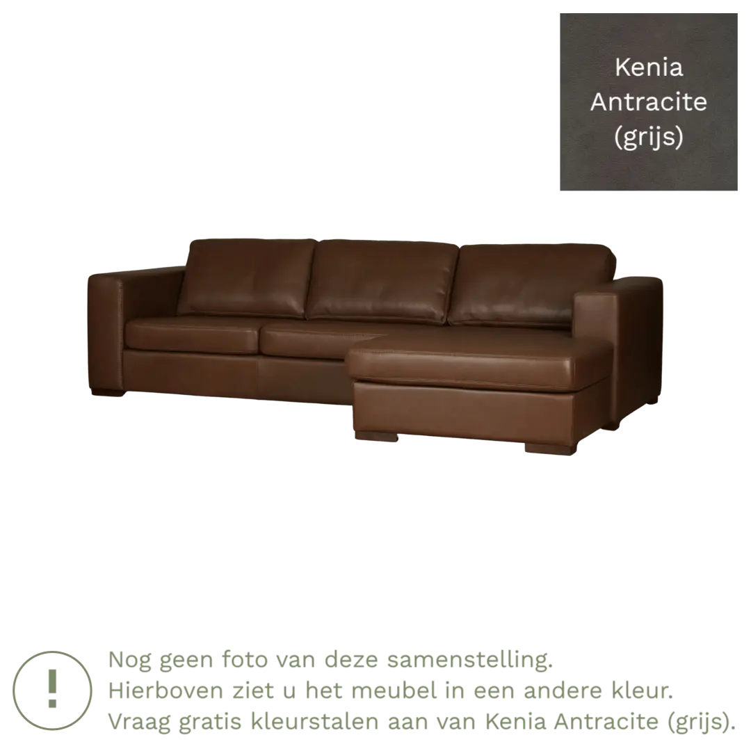 afbeelding van Leren hoekbank Flow - 3 zits arm links + longchair rechts - Kenia Antracite (grijs) - Poten hout zwart