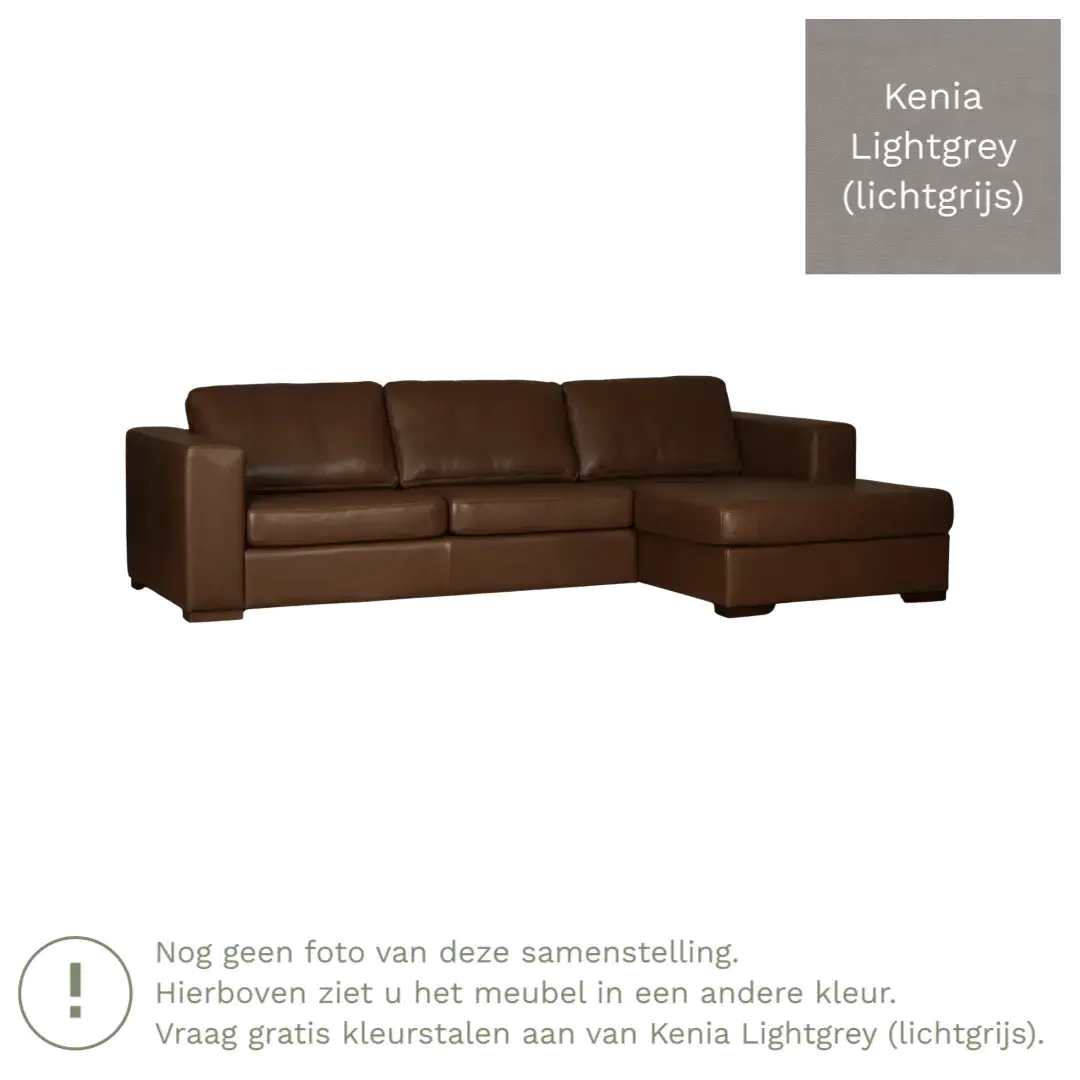 afbeelding van Leren hoekbank Flow - 3 zits arm links + longchair rechts - Kenia Lightgrey (lichtgrijs) - Poten hout zwart