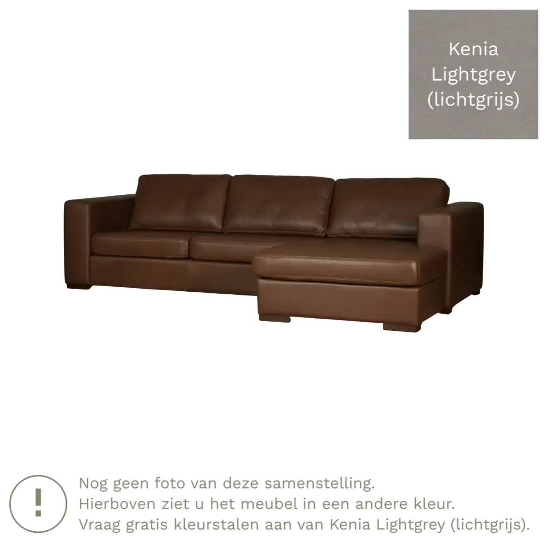 afbeelding van Leren hoekbank Flow - 3 zits arm links + longchair rechts - Kenia Lightgrey (lichtgrijs) - Poten hout zwart