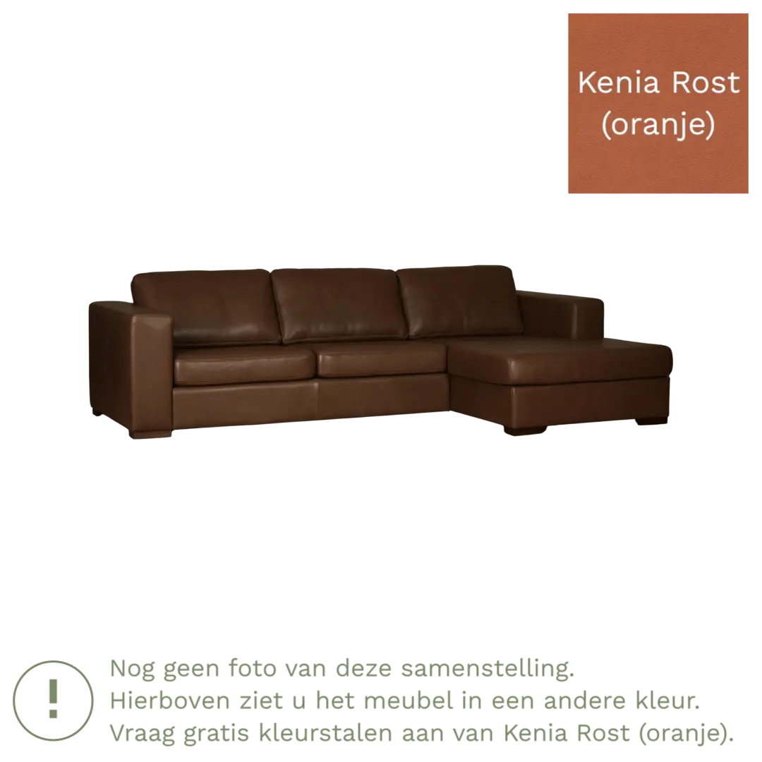 afbeelding van Leren hoekbank Flow - 3 zits arm links + longchair rechts - Kenia Rost (oranje) - Poten hout zwart