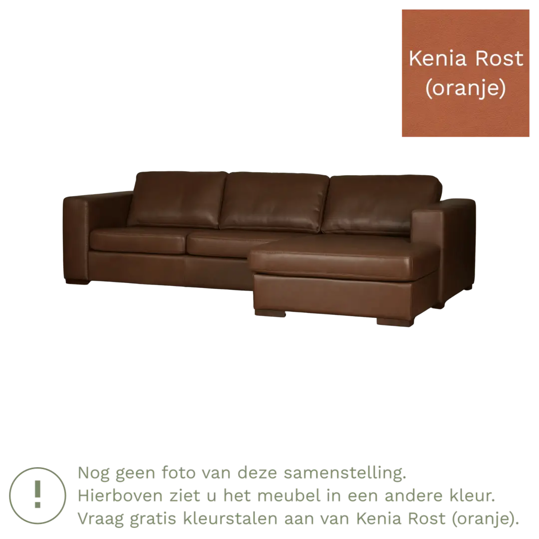 afbeelding van Leren hoekbank Flow - 3 zits arm links + longchair rechts - Kenia Rost (oranje) - Poten hout zwart
