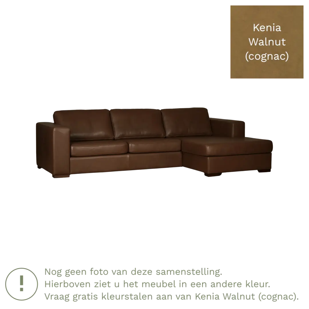 afbeelding van Leren hoekbank Flow - 3 zits arm links + longchair rechts - Kenia Walnut (cognac) - Poten hout bruin